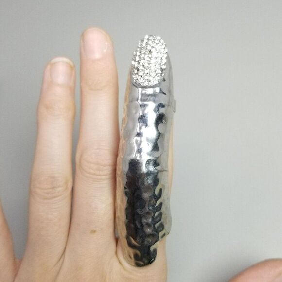 Vintage Finger Shape Ring, Silver Tone Rhinestone Nail adjustable Size Bands - Picture 7 of 7